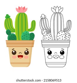 Coloring for kids. Set of Cute cactus and succulents in pots. Black and white contour