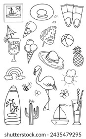 Coloring For Kids - A Set Of Summer Illustrations - Ice Cream, Flamingo, Pineapple, Flippers, Surfboard And Others On A Summer Day, A Coloring Page For Creativity