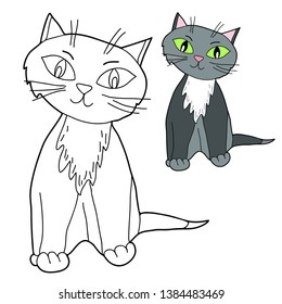 Coloring for kids. Sitting cat. Hand drawn. Black and white vector illustration with a pattern for coloring.