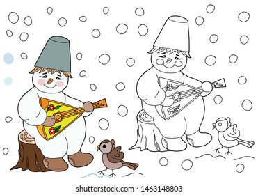 Coloring for kids. Snowman sitting on a stump with a balalaika. Hand drawn. Black and white vector illustration  with a pattern for coloring.
