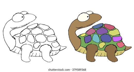 Coloring for kids: turtle with a colored shell