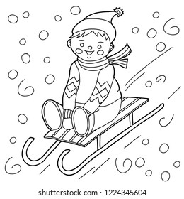 Coloring for kids. Winter theme. The boy is sledding. Hand drawn. Black and white vector illustration.