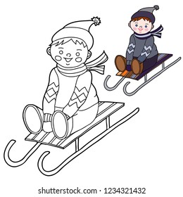 Coloring for kids. Winter theme. The boy is sledding. Hand drawn. Black and white vector illustration with a pattern for coloring.