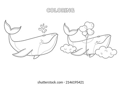 coloring kit of whales boy and girl, a whale girl in love is flying on balloons in the clouds