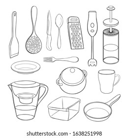 coloring kitchen set of necessary items vector illustration