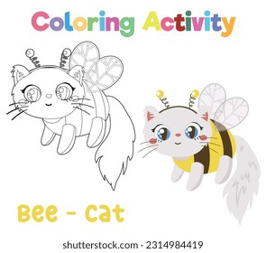 Coloring the kitten in a bee costume for Halloween party. Coloring book with Halloween theme. worksheet page. Coloring activity page for kids. Printable coloring worksheet. Vector file