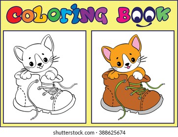 Coloring, kitten in a boot. Cartoon Vector Illustration.