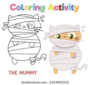 Colocando al gatito con disfraces de momia para la fiesta de Halloween. Libro de Colores con tema de Halloween. página de la hoja de cálculo. Página de actividad de colorear para niños. Hoja de trabajo de coloreado imprimible. Archivo de vector