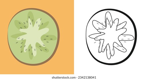 Coloring the kiwi fruit. Simple coloring page for kids. Fun activity for kids. Educational printable coloring worksheet. Coloring activity for children. Vector illustration.