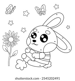 coloring labubu, flower, butterfly black and white outline style