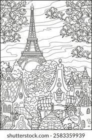 Coloring. Landscape of France. Eiffel Tower. Paris.