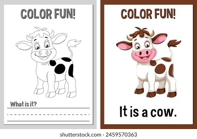 Coloring and learning activity cards with a cow