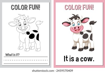 Coloring and learning activity cards with a cow