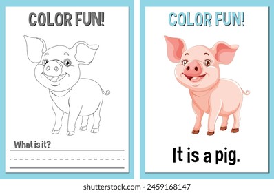 Coloring and learning activity cards with a pig