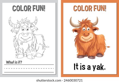 Coloring and learning activity featuring a yak