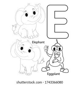 Coloring the letter E for kids with elephant and eggplant