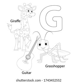 Coloring the letter F for children with giraffes, guitars and grasshoppers