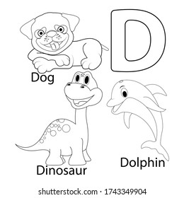 Coloring the letters D for kids with Dog, Dinosaur and dolphin