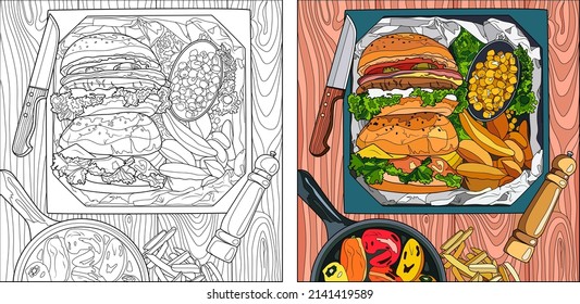 
Coloring. Lines and color option. Serving, frying pan with peppers, french fries, corn, burgers.