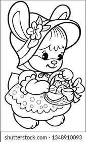 Coloring little bunny with easter basket and eggs
