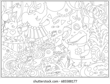 Coloring with magical jungle and African animals elephants and crocodile