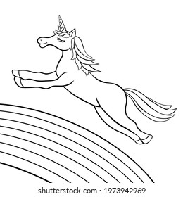 Coloring magical unicorn flying over the rainbow. vector illustration