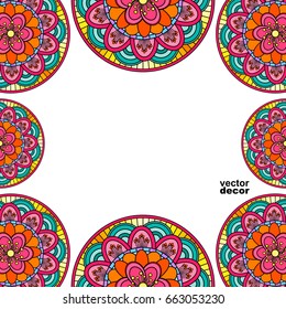 Coloring mandala border isolated on a white background, oriental ethnic boho element,  vintage arabic floral design, decorative indian doodle vector illustration.
