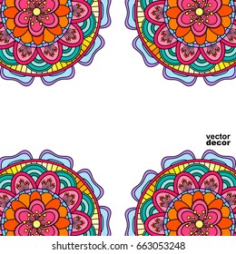 Borde de mandala coloreada aislada en un fondo blanco, elemento boho étnico oriental, diseño floral arábigo vintage, ilustración decorativa de los doodles indios.