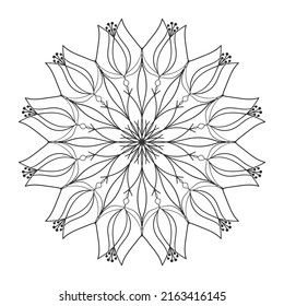 Color del contorno del vector de página mandala para adultos y niños para arte divertido. Patrón de encaje geométrico redondo con motivos florales. Flores tulipanes florecientes con hojas. Tatuaje, logotipo, patrón de superficie de plato.