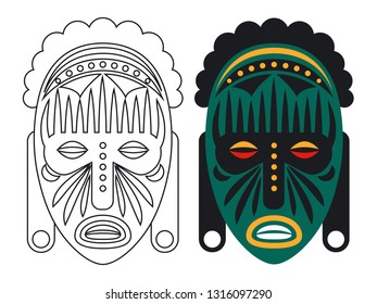 Coloring mask vector illustration. Outline and color african mask isolated on white background