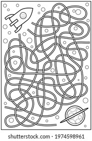 Coloring maze game with space rocket. Cartoon vector outline labyrinth education puzzle. Find path. Kids activity worksheet.