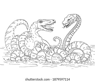 Coloring. Monsters fight. Children's coloring. Prehistoric. Beautiful picture for coloring. Jurassic Park. children's rest. Coloring for children with a dinosaur hand-painted. Vector illustration.