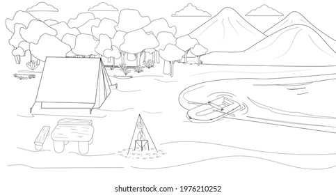 Coloring of a mountain landscape with camping on the shore of a lake, river. For coloring books, posters, page design. Tent, campfire, inflatable boat on the background of the forest and mountains