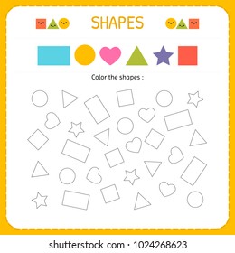 Coloring multiple shapes. Learn shapes and geometric figures. Preschool or kindergarten worksheet for practicing motor skills. Vector illustration