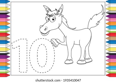 coloring number with cute horse animal cartoon for kids