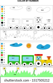 Coloring on addition and subtraction of numbers. Vector kawaii train and wagon. Math sheet for children. Color by number