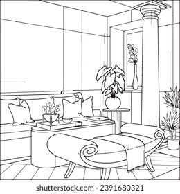 Coloring on the theme of the living room interior. Vector illustration coloring book for adults and children.