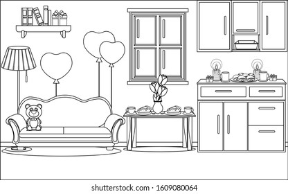 Coloring on the theme of Valentine's day. Vector illustration of an interior decorated for a holiday.