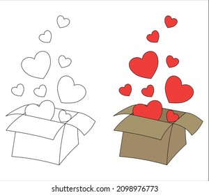 colorante. caja de cartón abierto con los corazones rojos volando. ilustración vectorial aislada en fondo blanco. feriado - Día de San Valentín. 