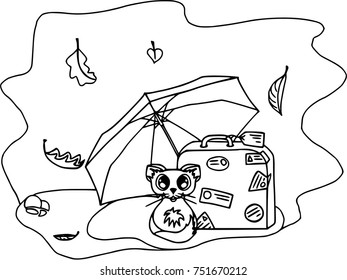 Coloring outline cartoon, kitten under umbrella