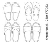 For coloring, an outline drawing in the form of different types of shoes flip flops slates slippers