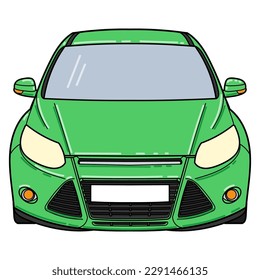 Coloring outline drawing of a hatchback car from front 3d view. Classic style. Vector outline doodle illustration. Design for print or color book