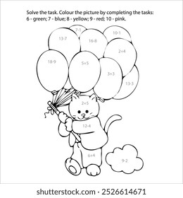 Coloring outline. Educational coloring with math problems for preschool children
