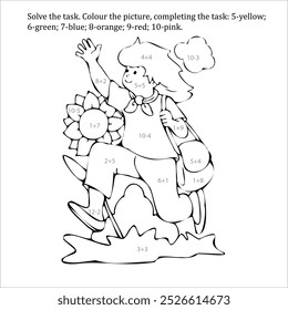 Coloring outline. Educational coloring with math problems for preschool children