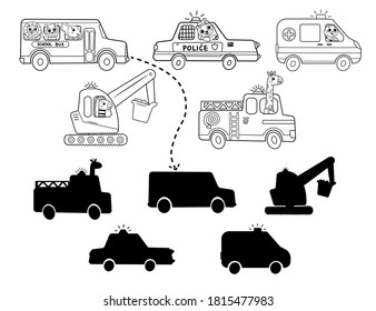 Página de rompecabezas del esquema de color para los niños en edad preescolar. Encuentra el juego de sombras correcto. Coincidiendo. Transporte infantil. Negro y blanco