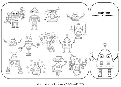Página de rompecabezas visuales para niños en edad preescolar. Encuentra el juego de imágenes idénticas. Robots para niños. Blanco y negro.