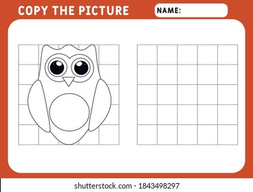 Coloring  Owl. Educational Game for Kids. Copy the picture.  Illustration and vector outline - A4 paper ready to print.