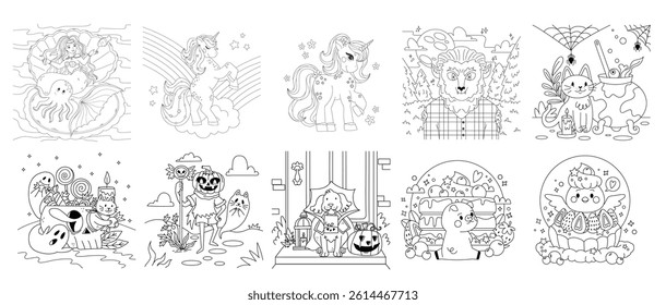 Coloring page. 10 Book coloring page bundle.