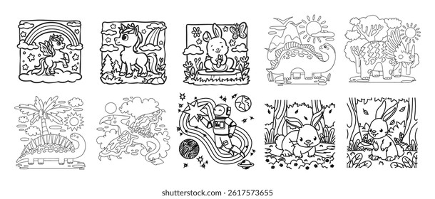 Coloring page. 10 Book coloring page bundle.