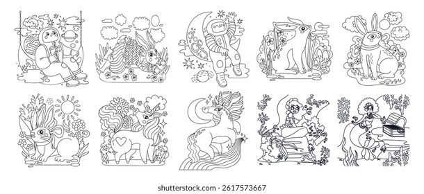 Coloring page. 10 Book coloring page bundle.